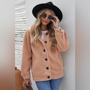 Button Front Drop Shoulder Collared Sherpa Jacket